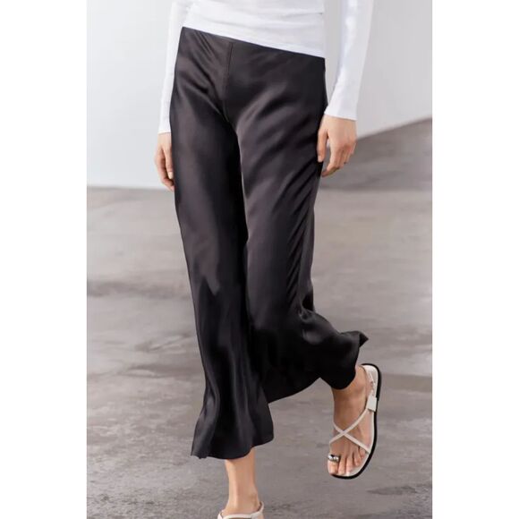 Black Zara Satin-Like Flowy A-Line Midi Skirt (NWT) - Picture 3 of 9